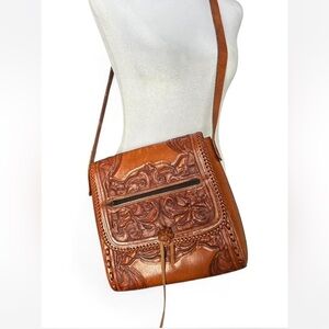 Vintage artisan hand tooled leather bag